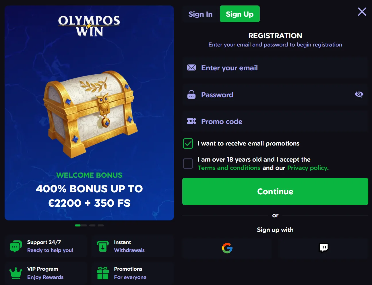 Olymposwin Casino login en registratie